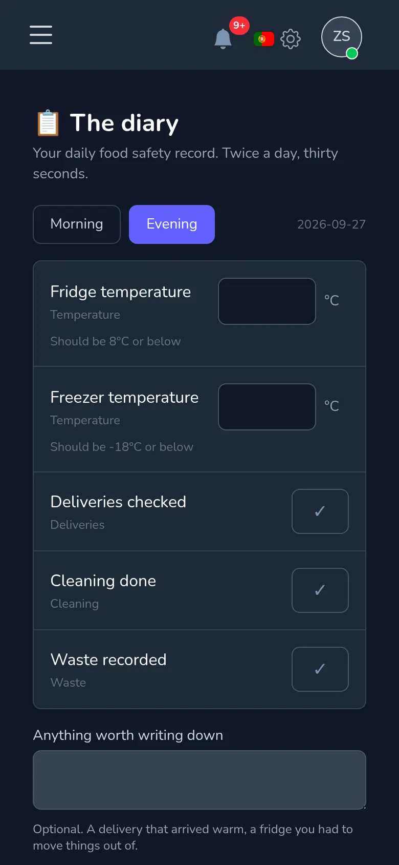 The food safety diary in Mekavo: fridge temperatures, morning and evening