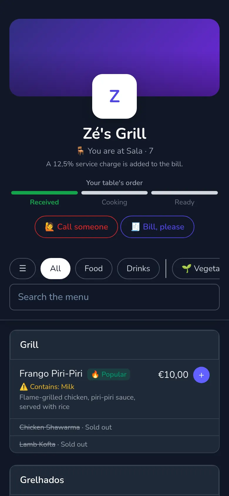 A restaurant menu on a phone, with photos, prices and allergens