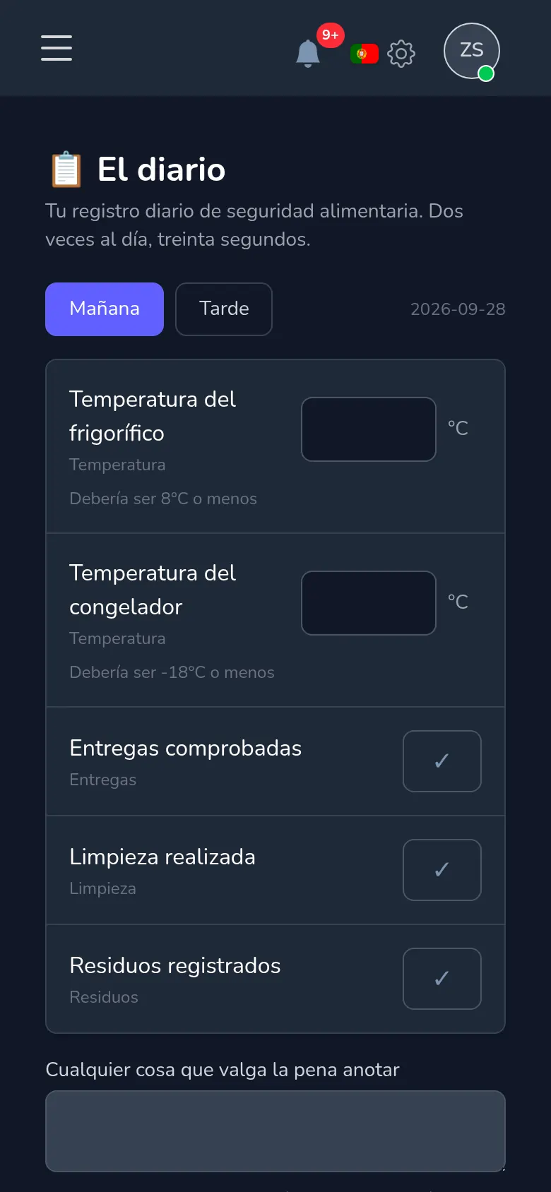 El diario de seguridad alimentaria en Mekavo: temperaturas de nevera, mañana y noche