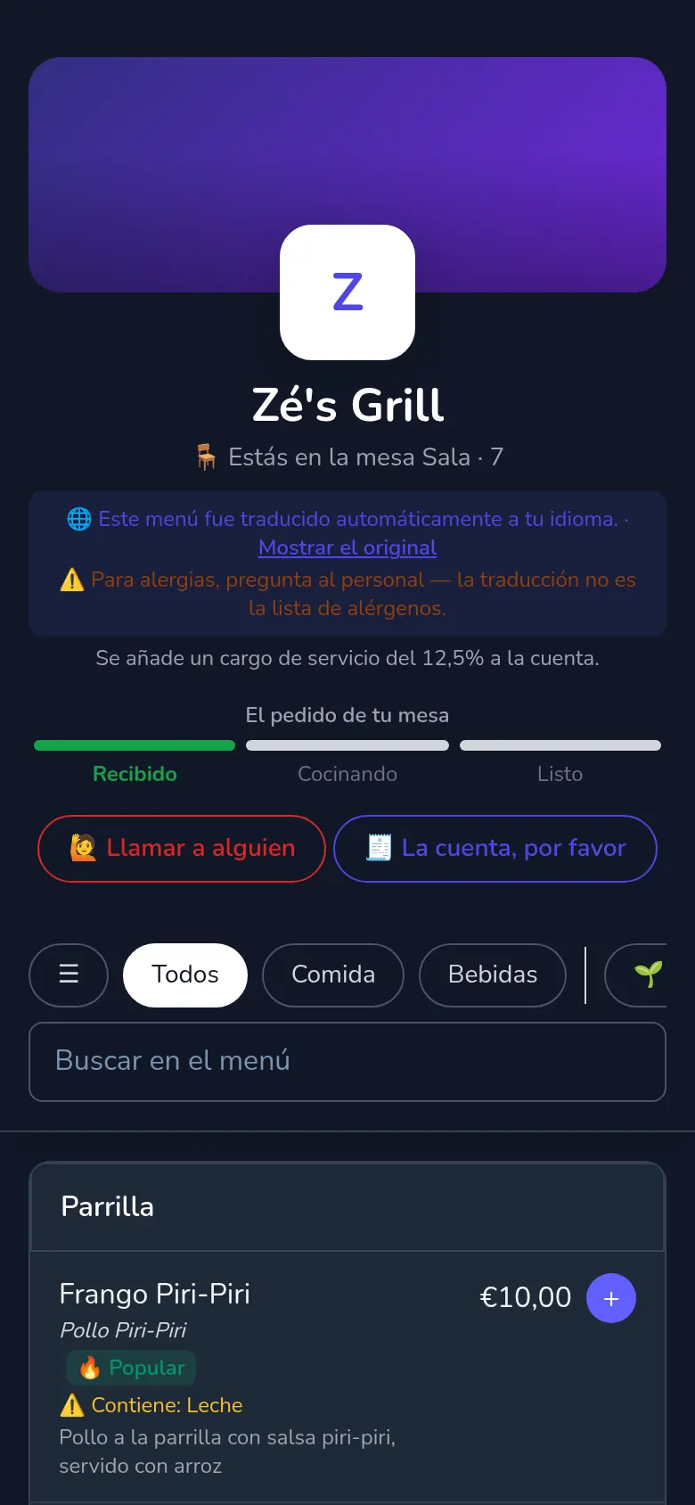 Un menú de restaurante en un móvil, con fotos, precios y alérgenos