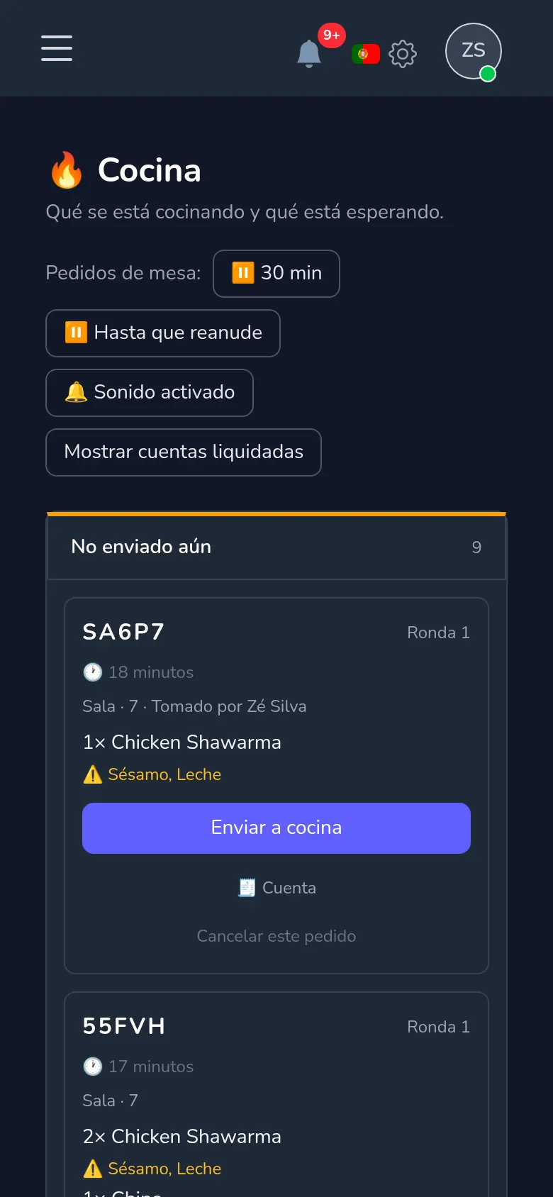 La pantalla de cocina de Mekavo: pedidos sin enviar, cocinando, listos y servidos
