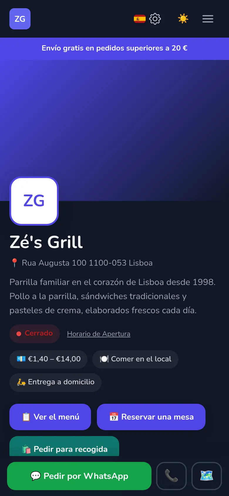 La propia página de un restaurante hecha con Mekavo