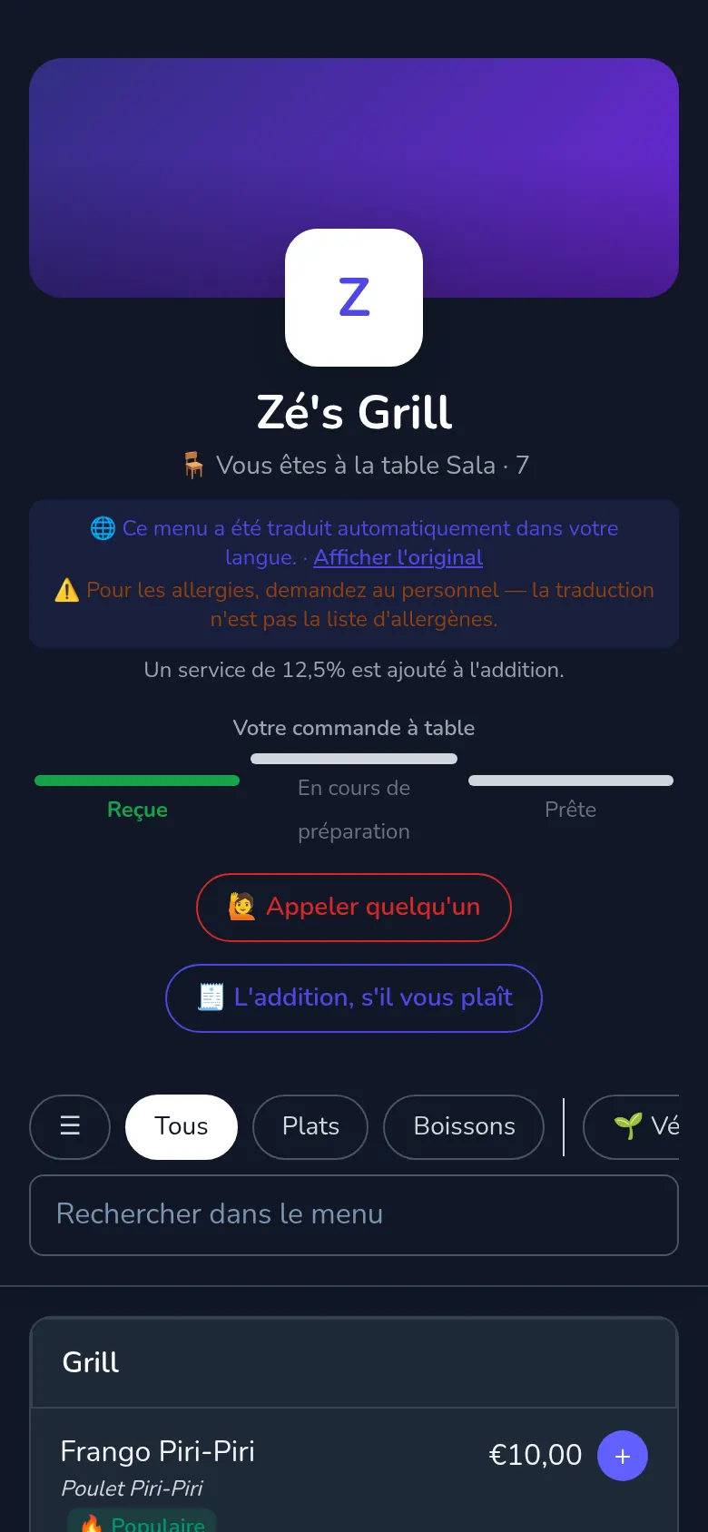 Un menu de restaurant sur un téléphone, avec photos, prix et allergènes