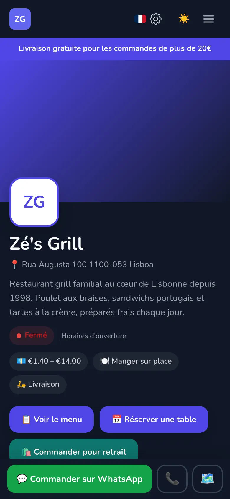 La page propre d'un restaurant créée avec Mekavo