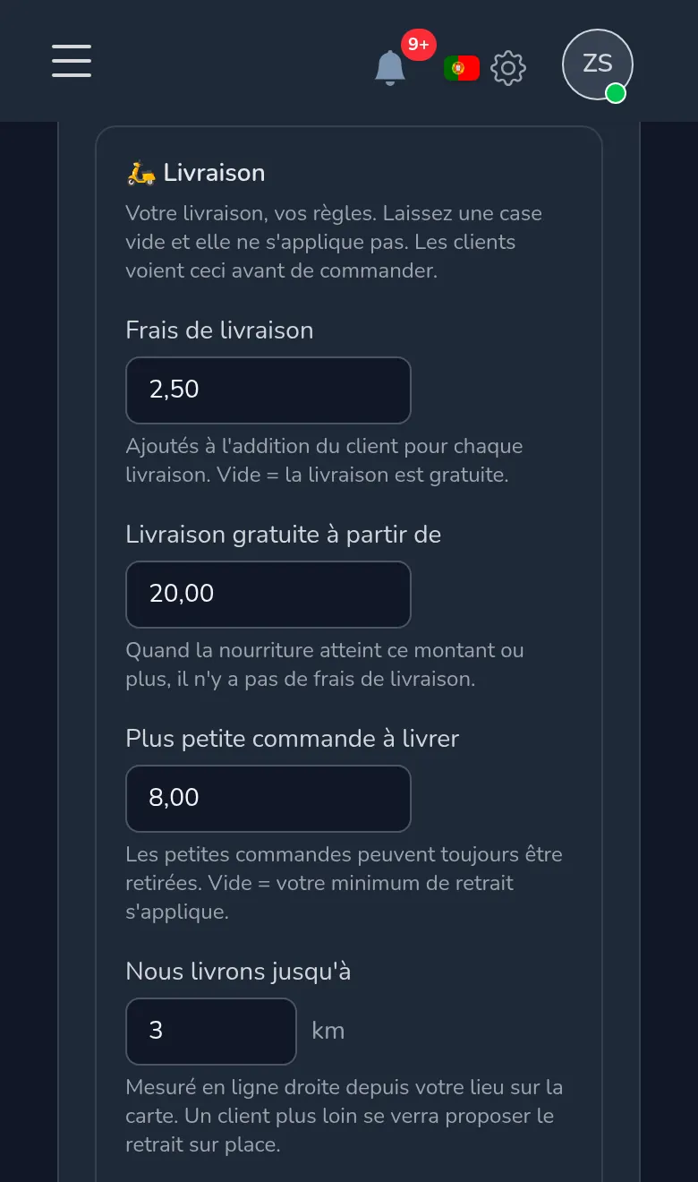Paramètres de livraison dans Mekavo : frais de livraison, livraison gratuite à partir de, commande minimale et rayon de livraison