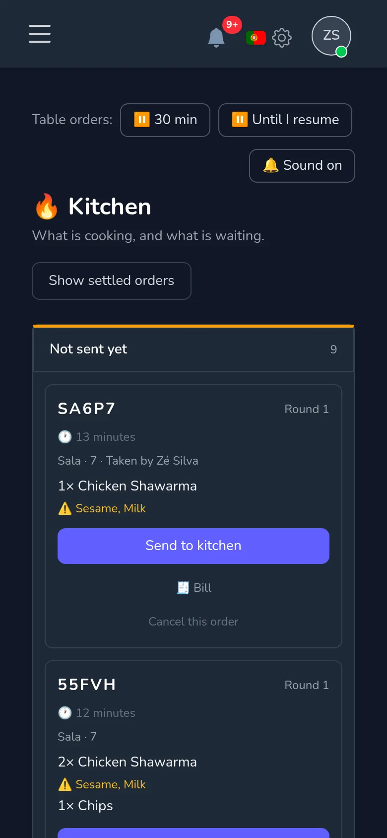 The Mekavo kitchen board: orders not sent yet, cooking, ready and gone