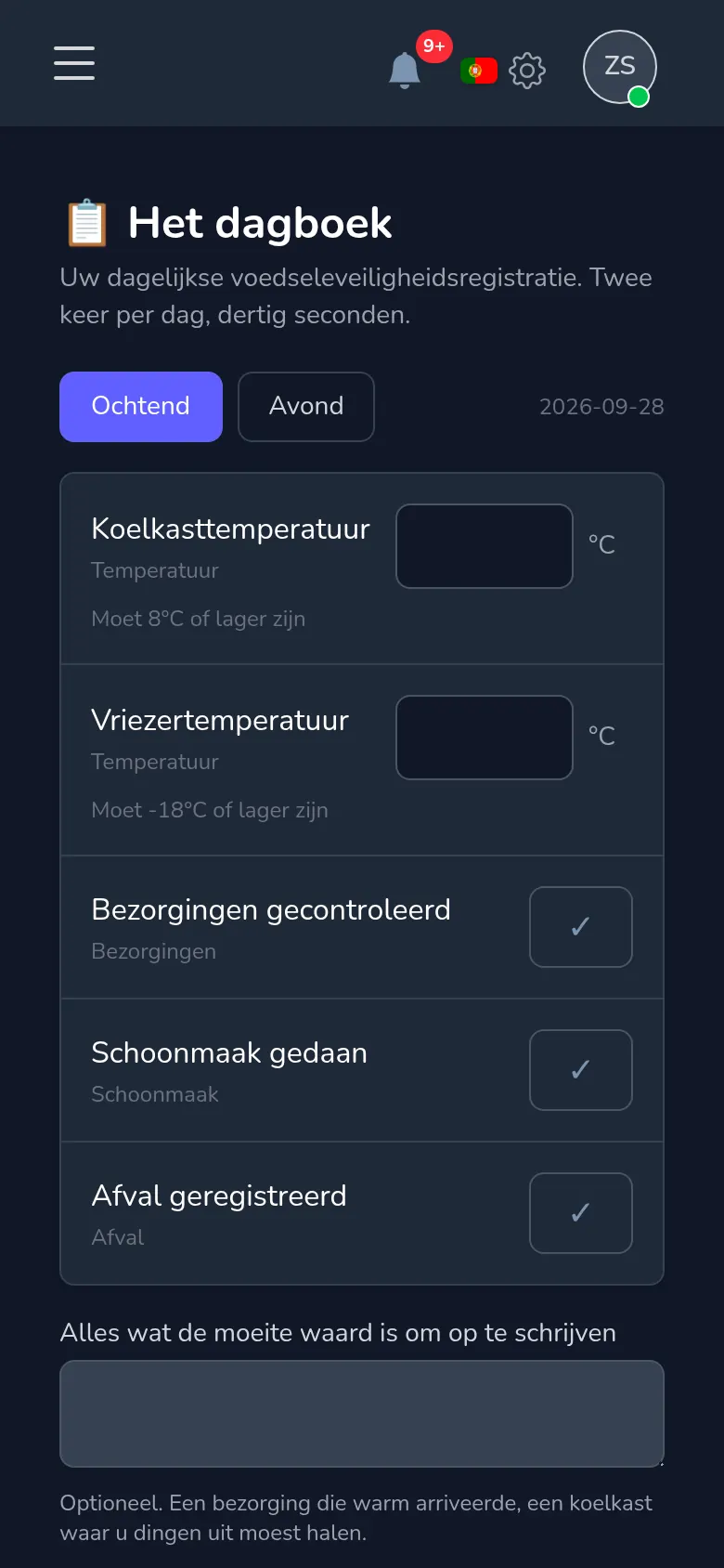 Het voedingsveiligheidslogboek in Mekavo: koelkasttemperaturen, 's ochtends en 's avonds