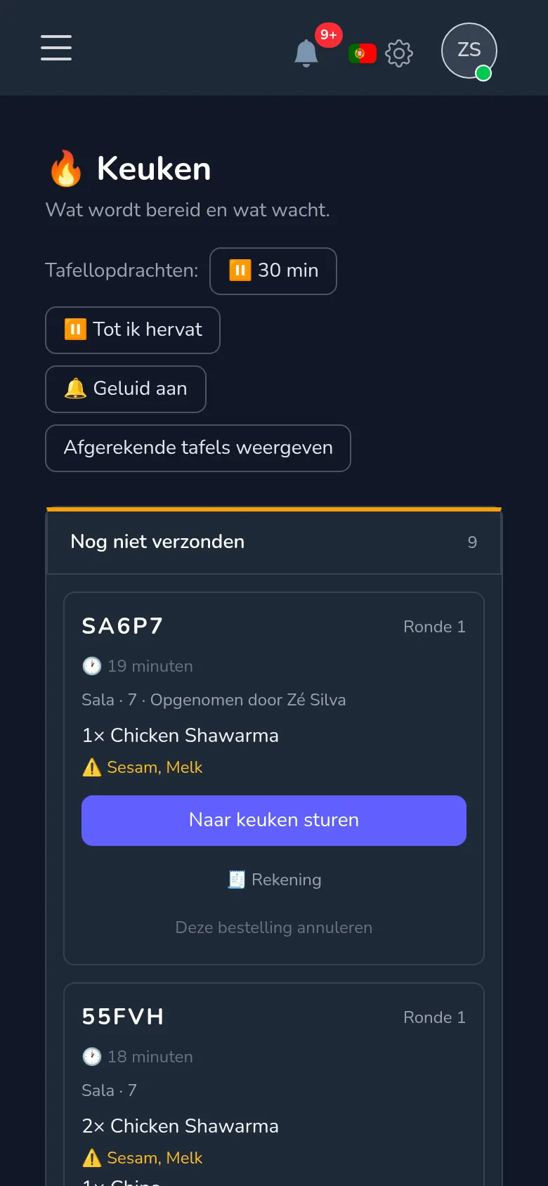 Het Mekavo keukenboard: bestellingen nog niet verstuurd, aan het koken, klaar en weg