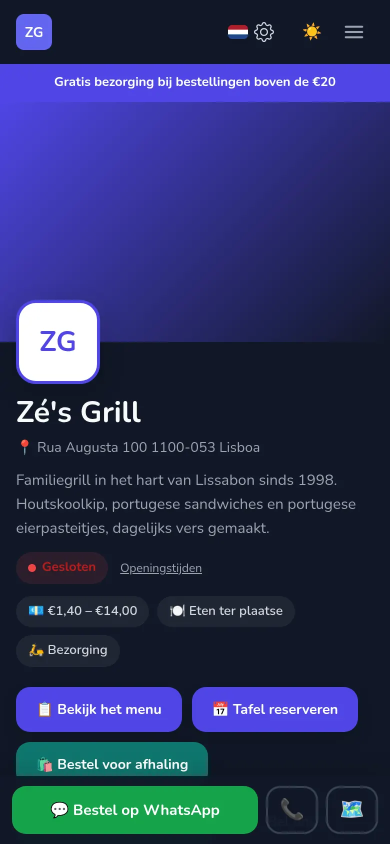 Een restaurantpagina gemaakt met Mekavo
