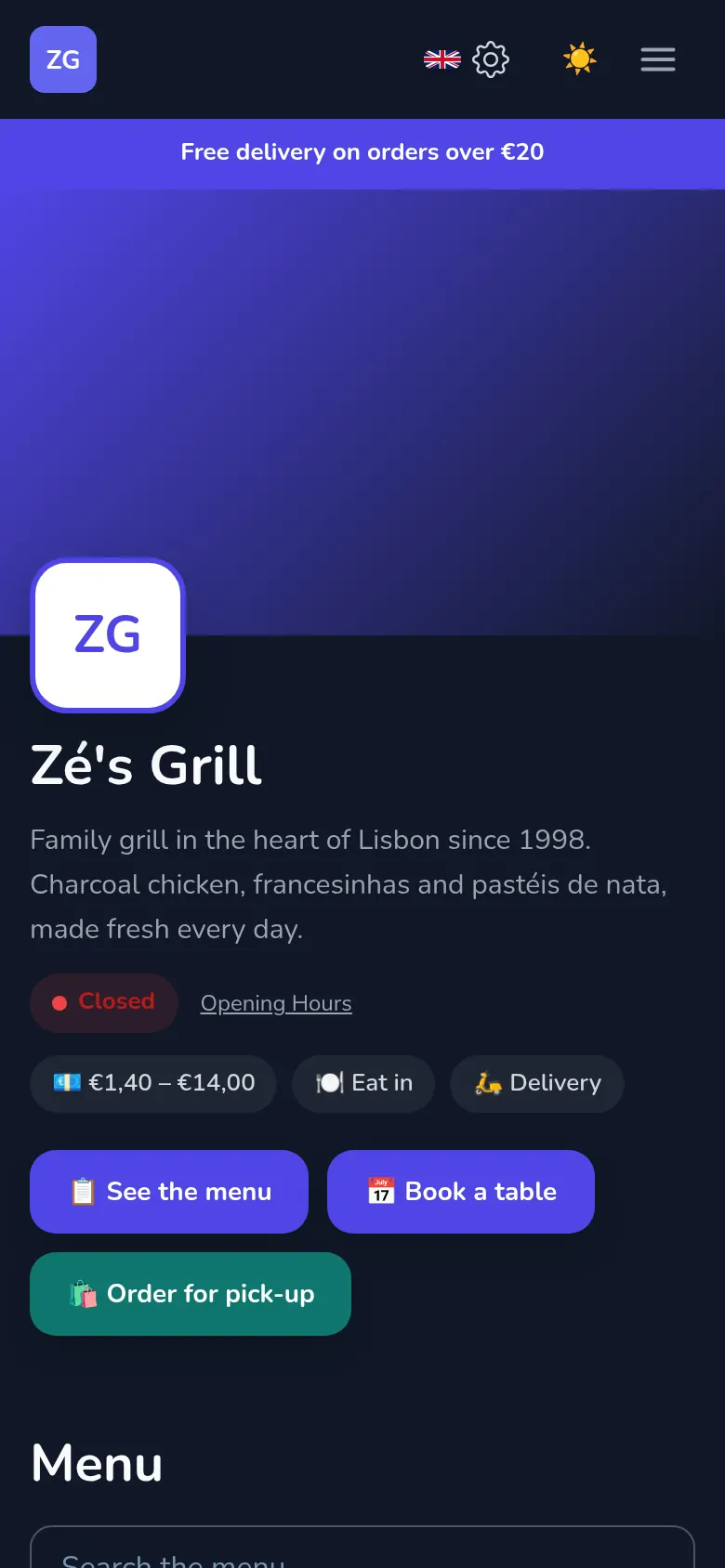 A restaurant's own page made with Mekavo