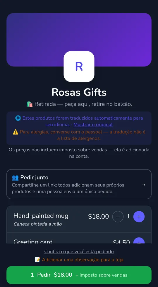A cesta de um cliente em uma página de loja: uma caneca a $18.00 e o botão "Enviar pedido", com "+ imposto sobre vendas" ao lado do total.