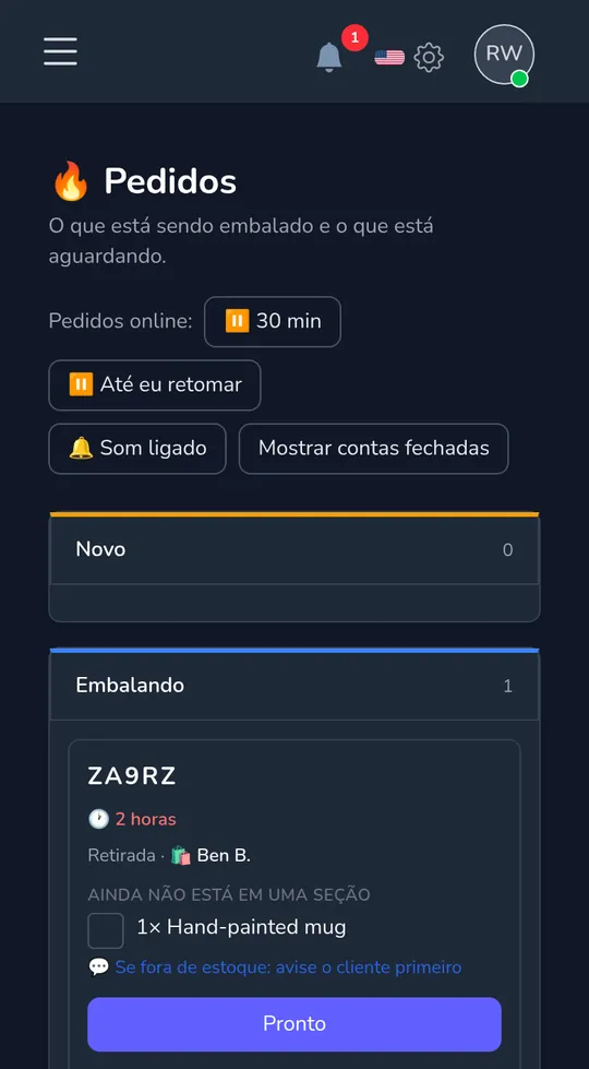 O quadro de pedidos em um telefone: um novo pedido de retirada de um cliente, com "Começar a embalar".