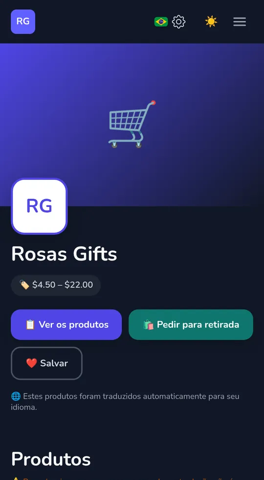 Página própria de uma loja em um telefone: o nome da loja, "Pedir para retirada" e seus produtos.