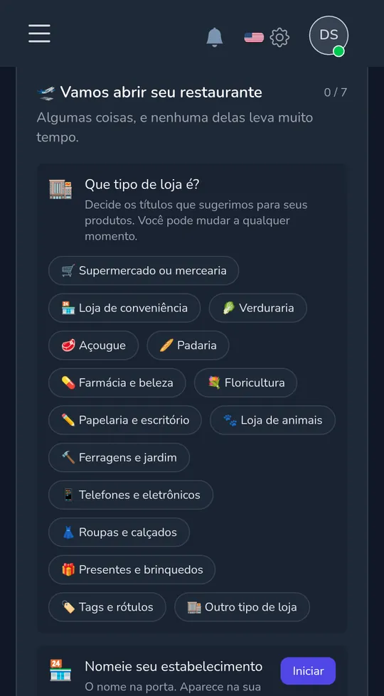 Escolhendo o tipo de loja em um telefone: mercearia, loja de esquina, florista, presentes e brinquedos e muito mais.