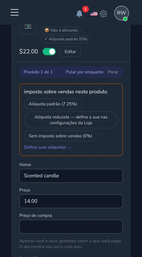 Um produto em um telefone perguntando "Imposto sobre vendas neste produto" com imposto sobre vendas padrão, reduzido e sem imposto.