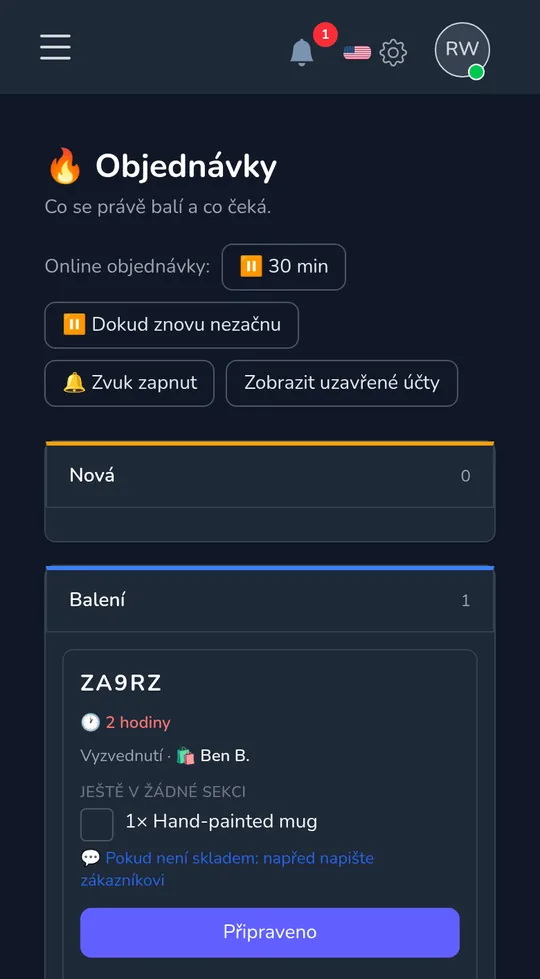 Deska objednávek na mobilu: nová objednávka na vyzvednutí od zákazníka, s „Začít balení".