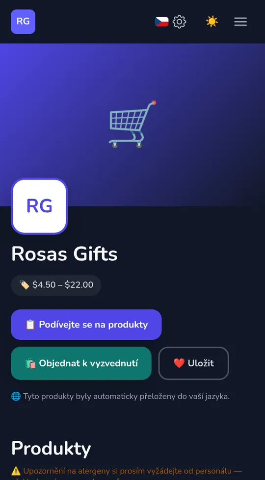 Vlastní stránka obchodu na mobilu: název obchodu, „Objednat na vyzvednutí" a jeho produkty.