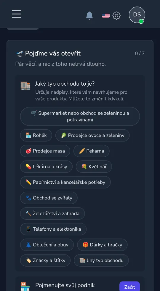 Výběr typu obchodu na mobilu: prodejce potravin, samoobsluha, květinářství, dárky a hračky a další.