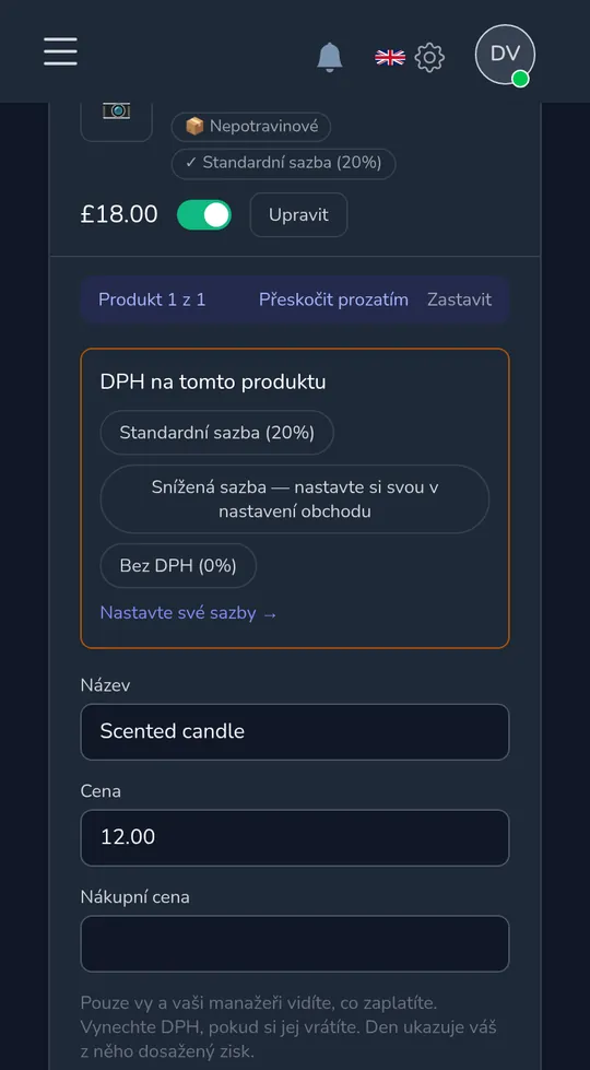 Produkt na mobilu s dotazem „Daň z prodeje na tomto produktu" se standardní, sníženou a žádnou daní z prodeje.