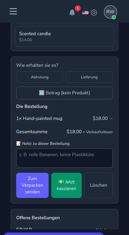 Die Kasse auf einem Telefon: eine handbemalte Tasse, die Summe und die Schaltflächen zum Versenden oder sofortigen Bezahlen.
