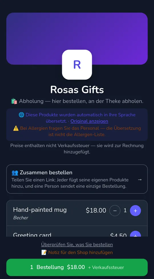 Der Warenkorb eines Kunden auf einer Shop-Seite: eine Tasse für 18,00 € und die Schaltfläche „Bestellung senden", mit „+ Umsatzsteuer" neben der Summe.
