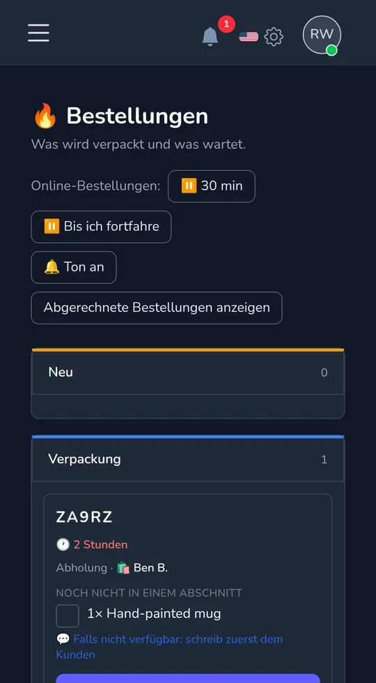 Die Bestellungstafel auf einem Telefon: eine neue Abholbestellung von einem Kunden, mit „Verpacken starten".
