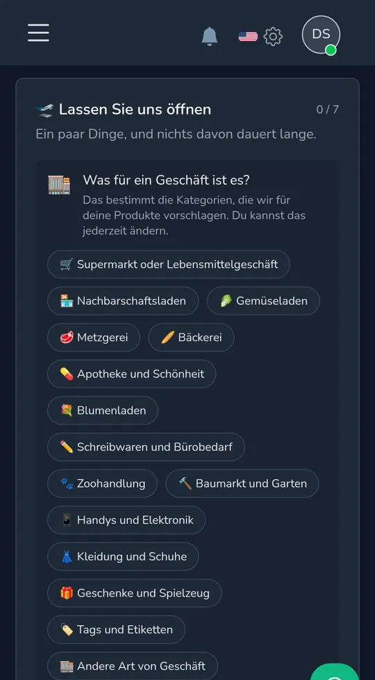 Auswahl des Ladentyps auf einem Telefon: Lebensmittel, Eckkneipe, Blumenladen, Geschenke und Spielzeug und mehr.