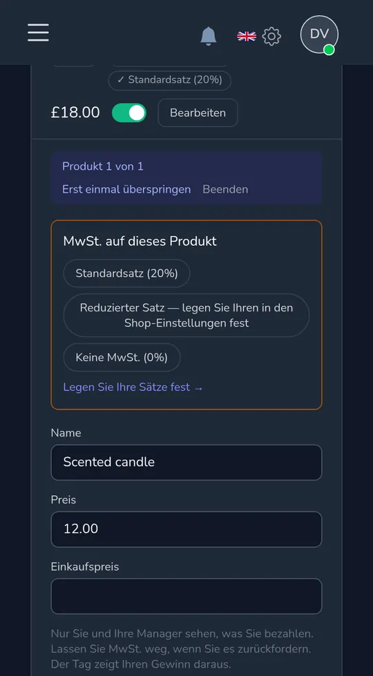 Ein Produkt auf einem Telefon, das fragt „Umsatzsteuer auf dieses Produkt" mit Standardsatz, reduziertem Satz und keine Umsatzsteuer.