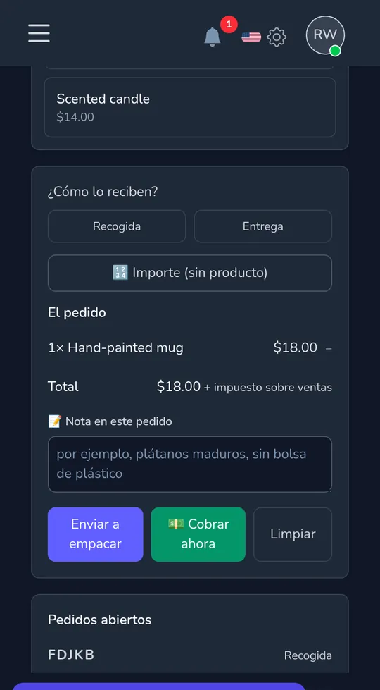 La caja registradora en un teléfono: una taza pintada a mano, el total y los botones para enviarlo al embalaje o cobrar ahora.