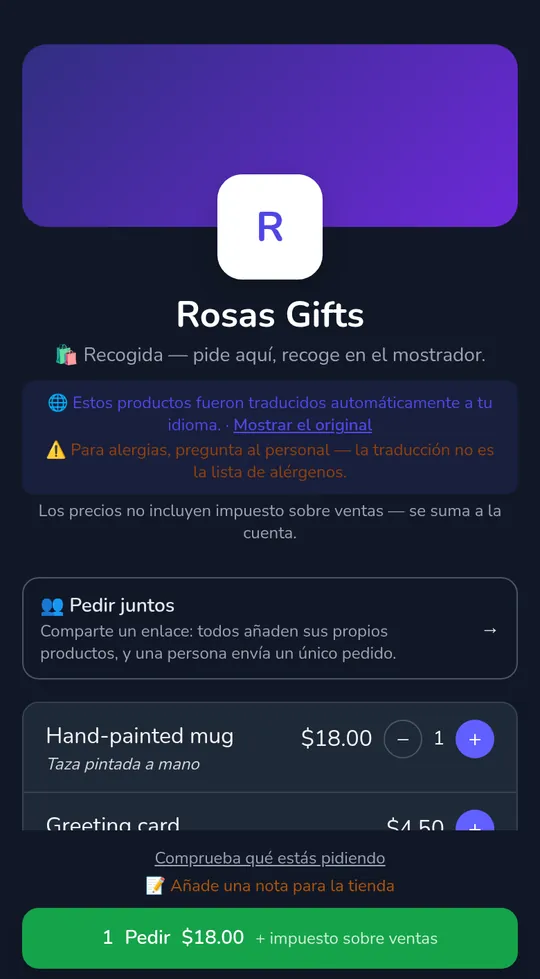 La cesta de un cliente en una página de tienda: una taza a $18,00 y el botón "Enviar pedido", con "+ impuesto sobre ventas" junto al total.