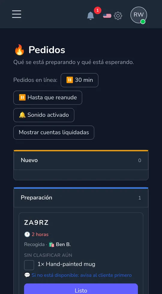 El tablero de pedidos en un teléfono: un nuevo pedido de recogida de un cliente, con "Comenzar embalaje".