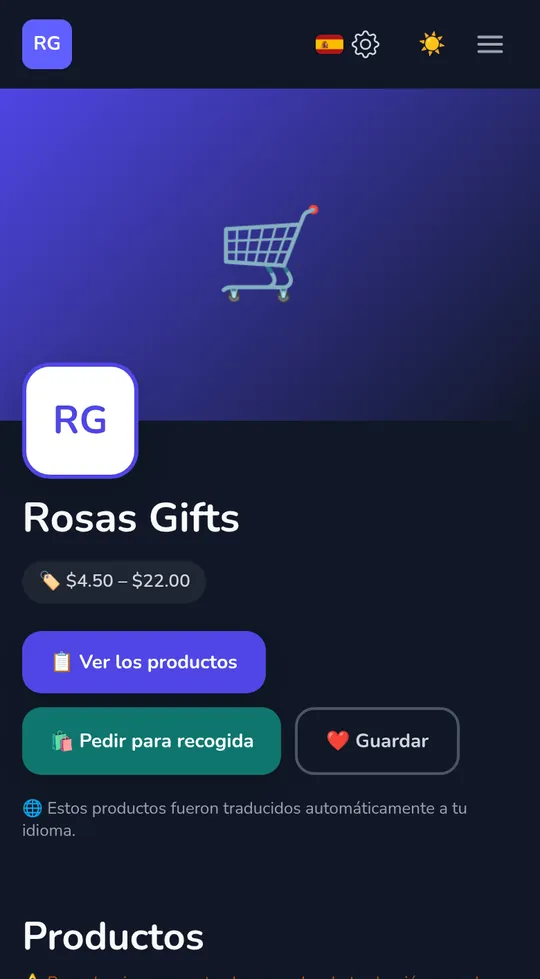 La propia página de una tienda en un teléfono: el nombre de la tienda, "Pedir para recoger" y sus productos.