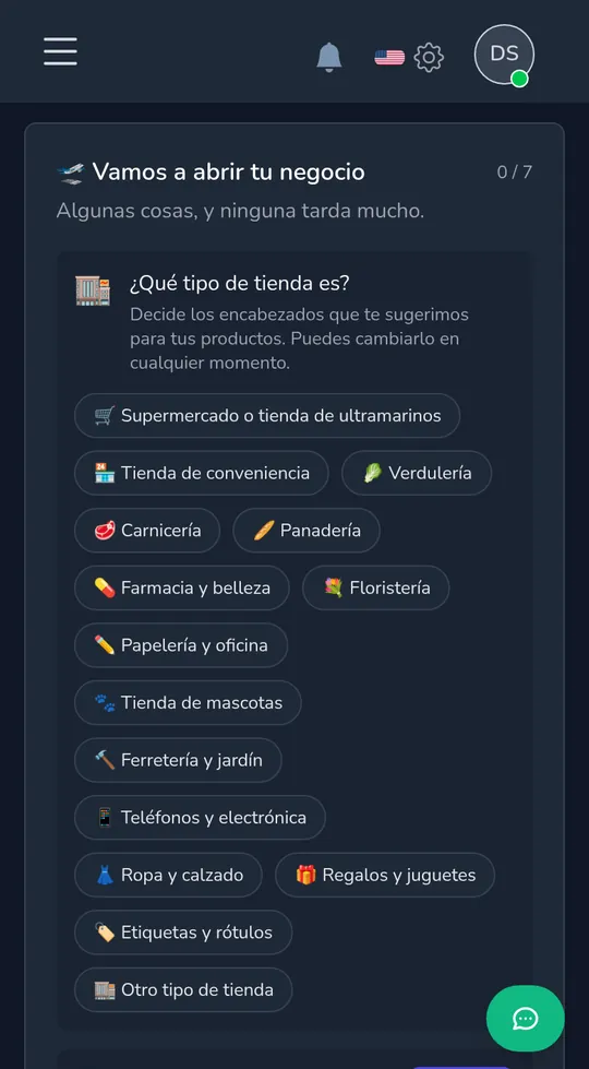 Elegir el tipo de tienda en un teléfono: supermercado, tienda de barrio, florería, regalos y juguetes y más.
