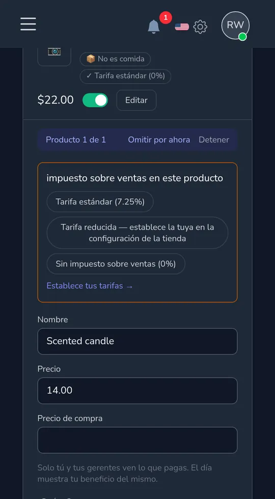 Un producto en un teléfono preguntando "Impuesto sobre ventas en este producto" con impuesto estándar, reducido y sin impuesto sobre ventas.