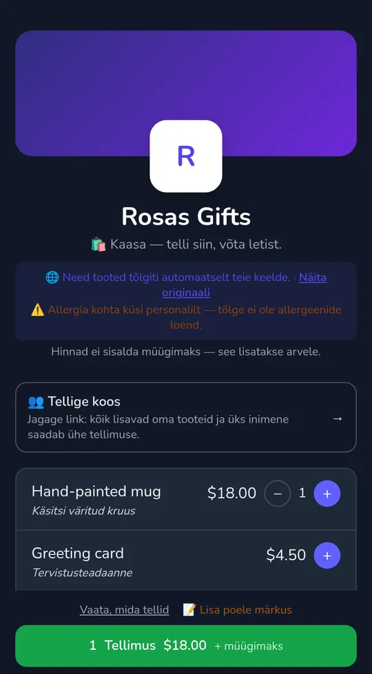 Kliendi kost kaupluse lehel: üks kruus $18.00 kohta ja nupp "Saada tellimus", koos "+ müügimaksu" kõrval kogusumma.