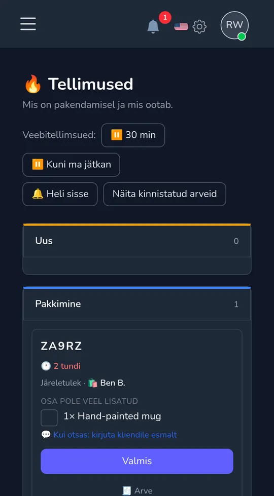 Tellimuste tahvel telefonis: uus järeletuleku tellimus kliendilt, "Alusta pakkimist".