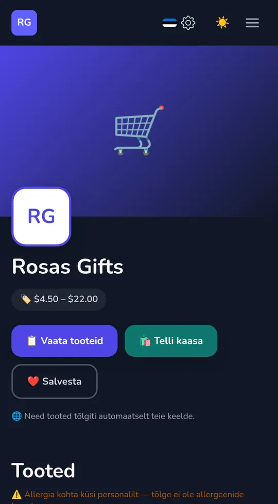 Kaupluse oma leht telefonis: kaupluse nimi, "Tellige järeletu" ja tema tooted.