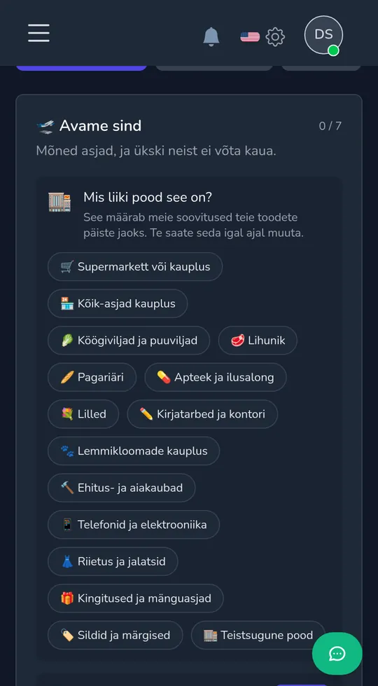 Kaupluse liigi valimine telefonis: toidukaup, nurgakauplus, florist, kingitused ja mänguasjad ja palju muud.