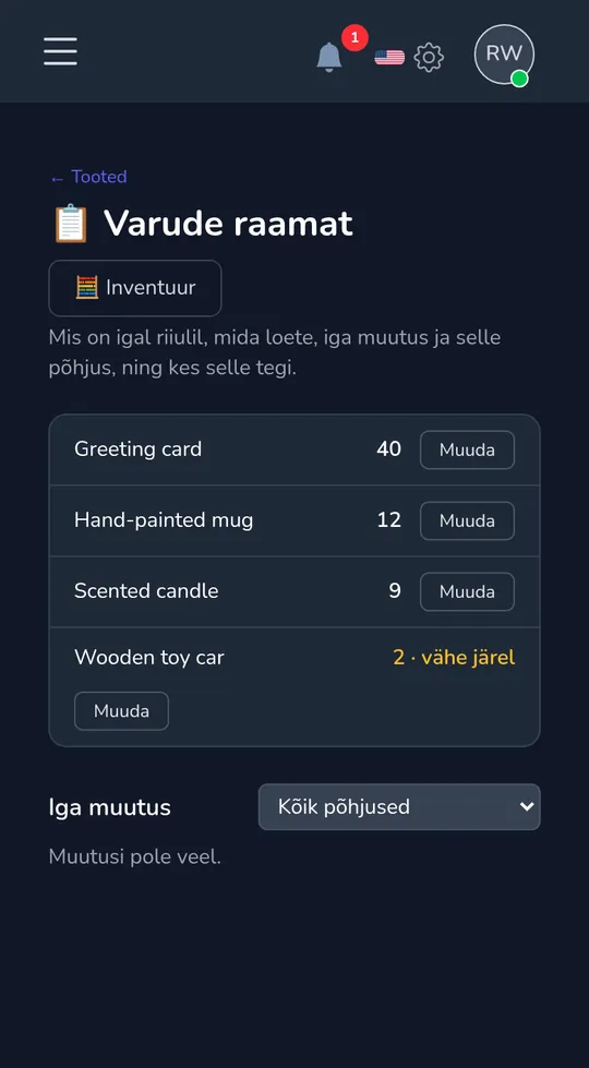 Laoseisud telefoniekraanil: neli toodet koos kogustega, üks märgitud kui "jäänud vähe".