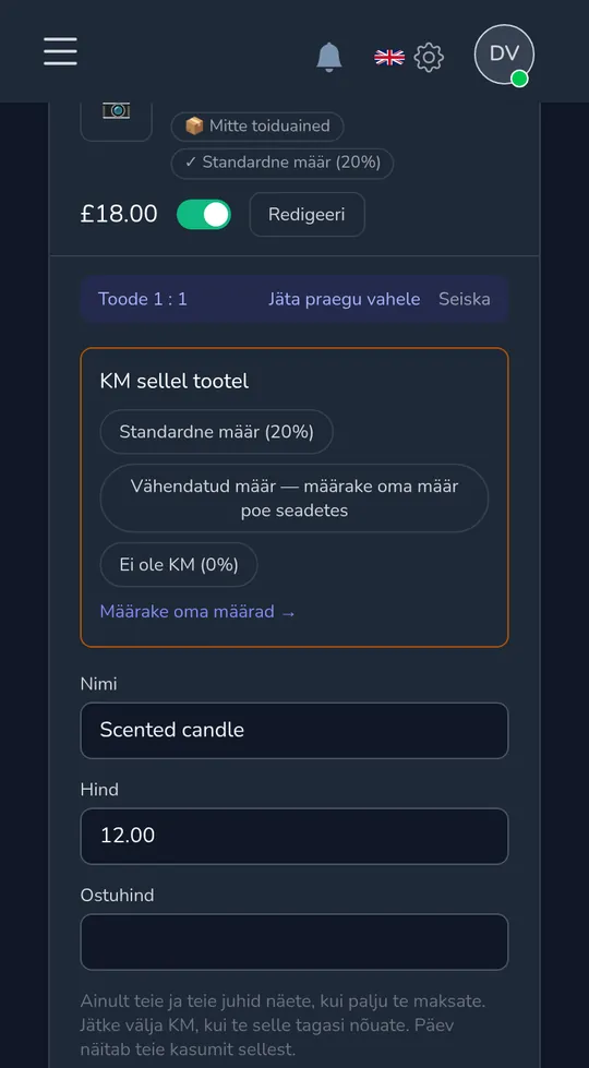 Toode telefonis küsib "Müügimaks sellele tootele" standardga, vähendatuga ja ilma müügimaksuta.
