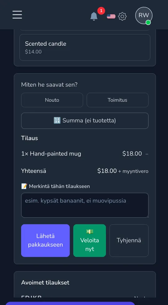 Kassa puhelimessa: yksi käsin maalattu muki, summa, ja napit lähettää pakkaamista varten tai veloita nyt.