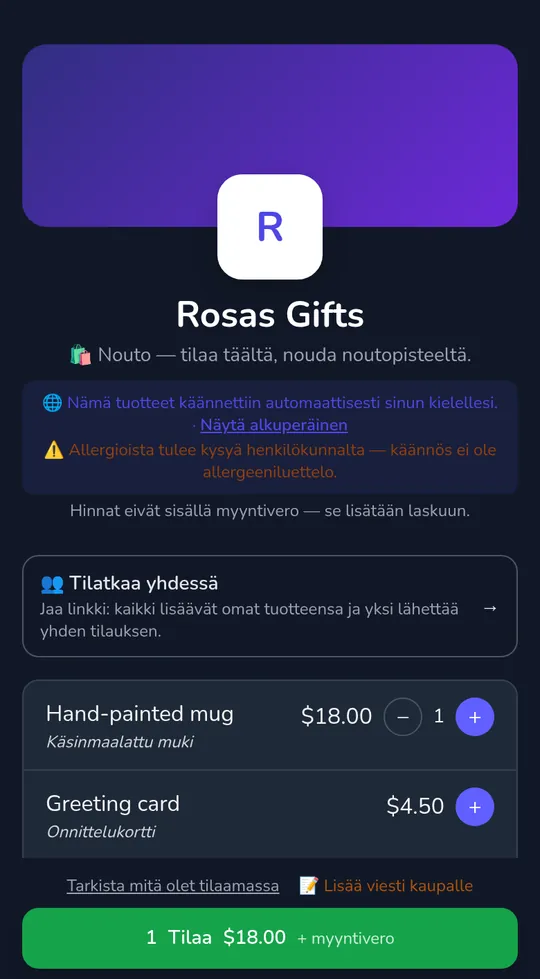 Asiakkaan ostoskori kaupassivulla: yksi muki 18,00 $ ja nappi "Lähetä tilaus", "+ myyntivero" summan vieressä.