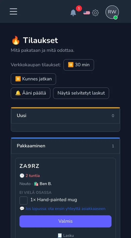 Tilaustaulukko puhelimessa: uusi noutotilaus asiakkaalta ja "Aloita pakkaus".