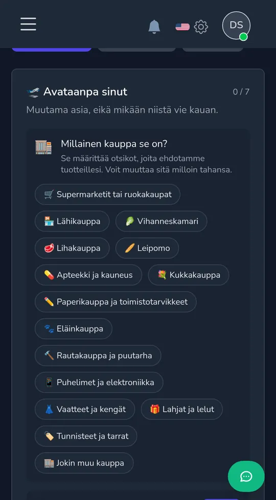 Kaupan tyypin valitseminen puhelimessa: ruokakauppa, lähikauppa, kukkakauppa, lahjatavarat ja lelut ja muut.