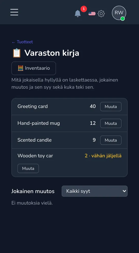 Varastokirja puhelimessa: neljä tuotetta laskuineen, yksi merkitty "vähän jäljellä".