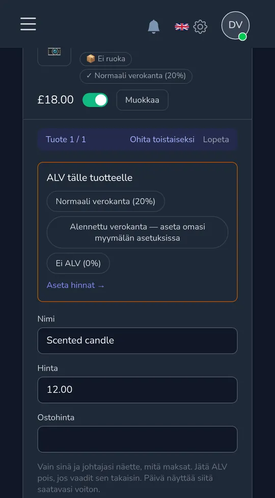 Tuote puhelimessa kysymässä "Myyntivero tälle tuotteelle" vakio-, alennetulla ja ilman myyntiveroa.