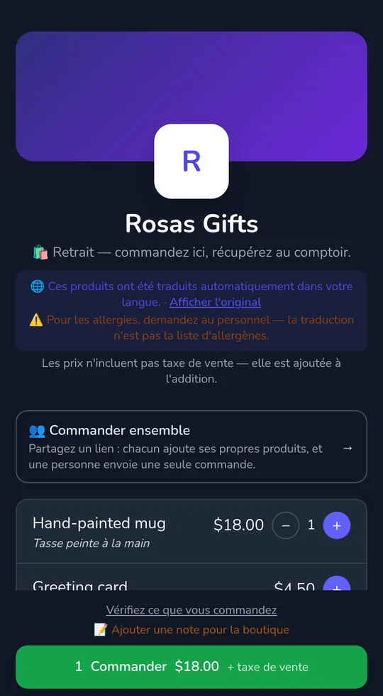 Le panier d'un client sur une page de magasin : une tasse à 18,00 $ et le bouton « Envoyer la commande », avec « + taxe de vente » à côté du total.