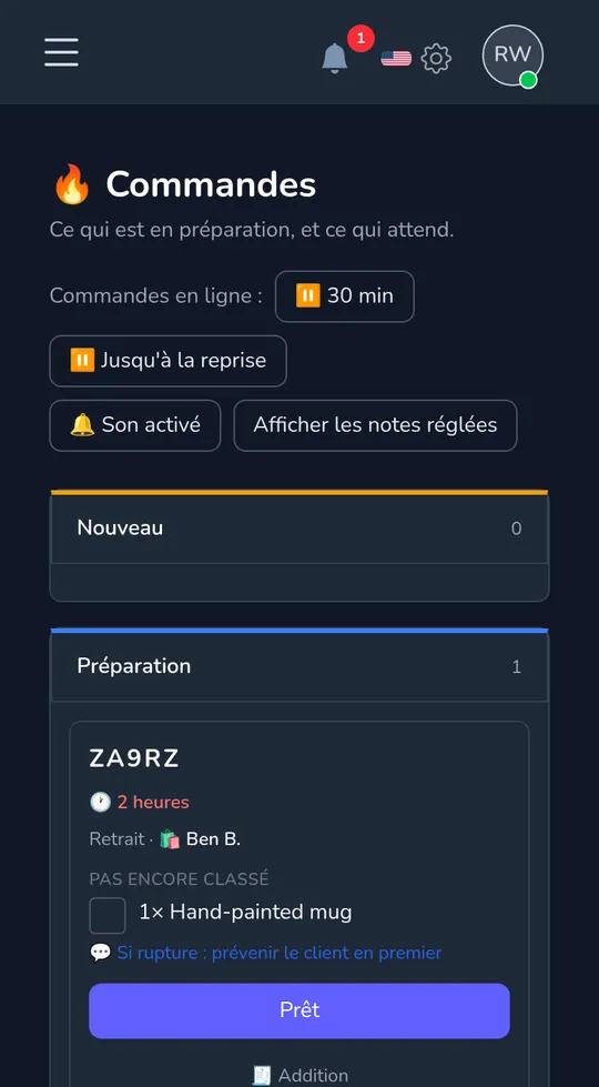 Le tableau de commandes sur un téléphone : une nouvelle commande de retrait d'un client, avec « Commencer l'emballage ».