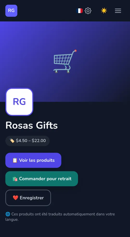 La propre page d'un magasin sur un téléphone : le nom du magasin, « Commander pour retrait » et ses produits.