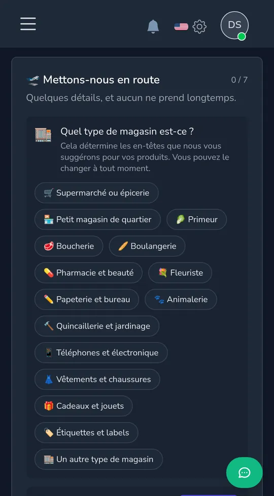 Choisir le type de magasin sur un téléphone : épicerie, petit magasin, fleuriste, cadeaux et jouets et bien d'autres.